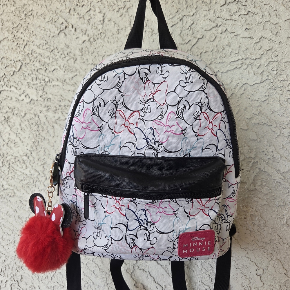 Disney Minnie Mouse White and Black Backpack with Red PomPom charm